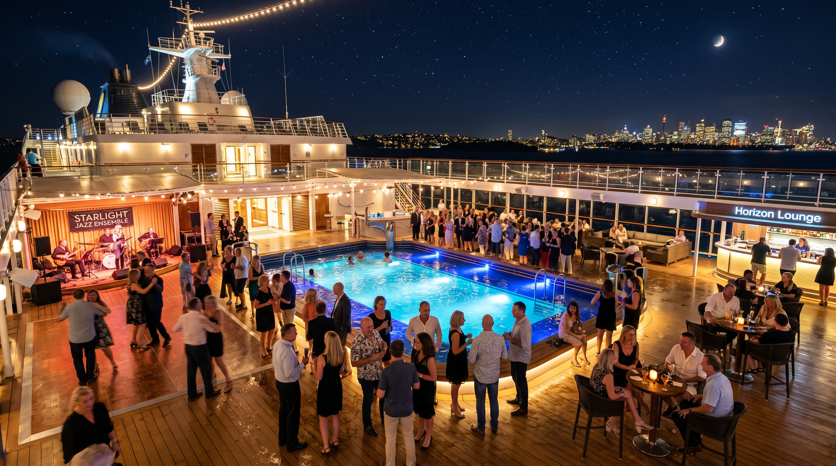 Evening entertainment on a cruise ship deck at night