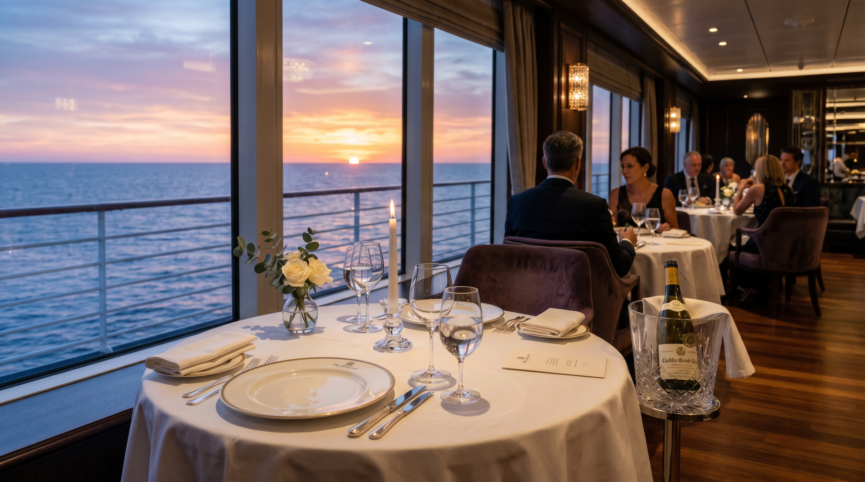 Fine dining restaurant aboard a luxury cruise with panoramic ocean views